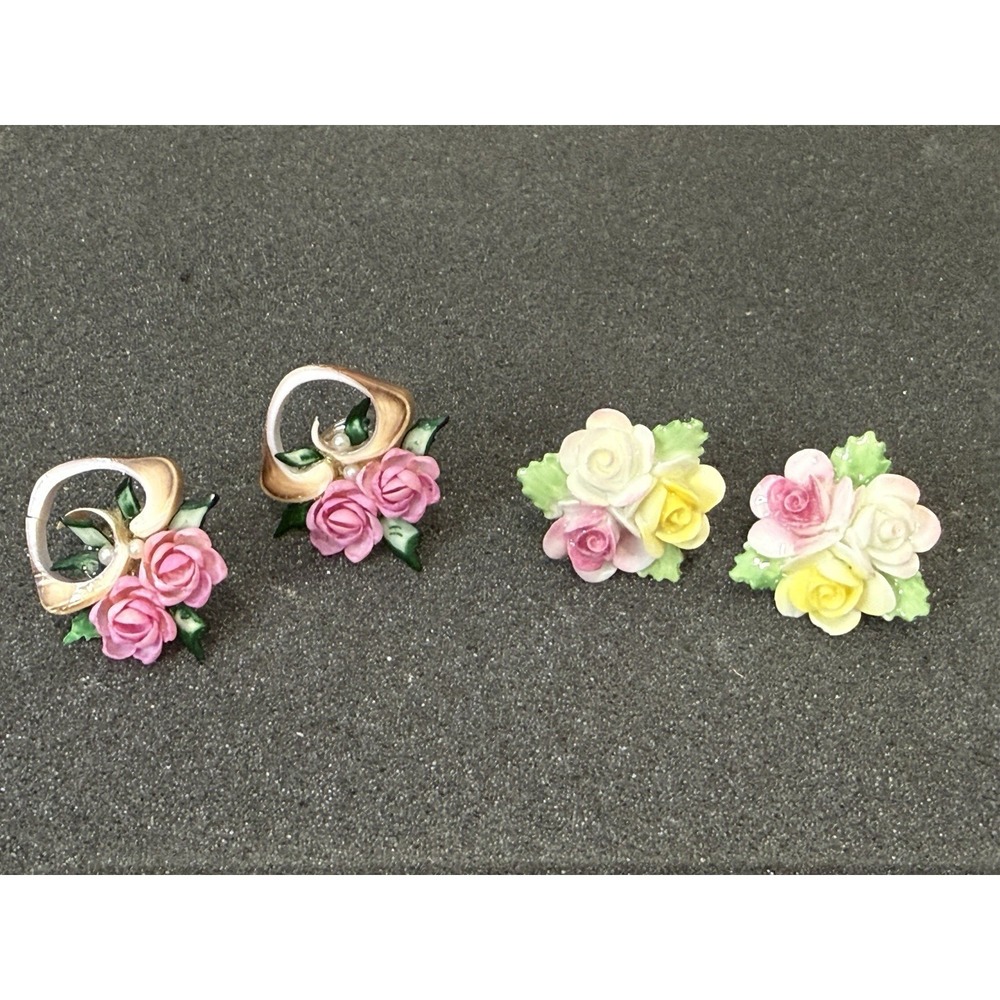2 Pairs Vintage Floral Earrings England Bone China & Molded Plastic Rose‎ TLC